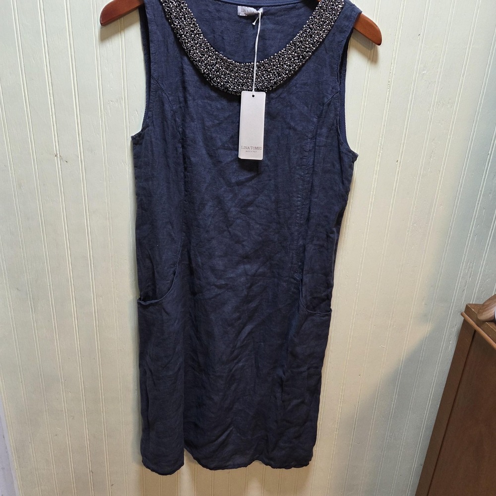 Lina Tomei Dress Womens Medium‎ Blue Solid Sleeveless Beaded Round Neck Shift